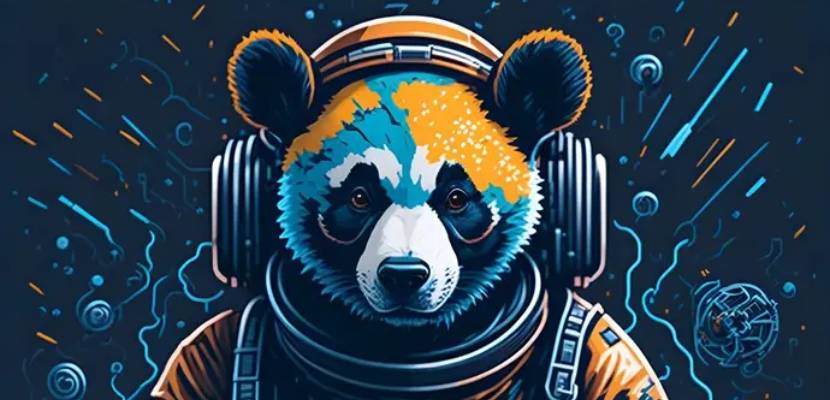 Image générée par IA montrant une illustration graphique d'un ours en tenue d'astronaute avec un casque audio sur les oreilles.