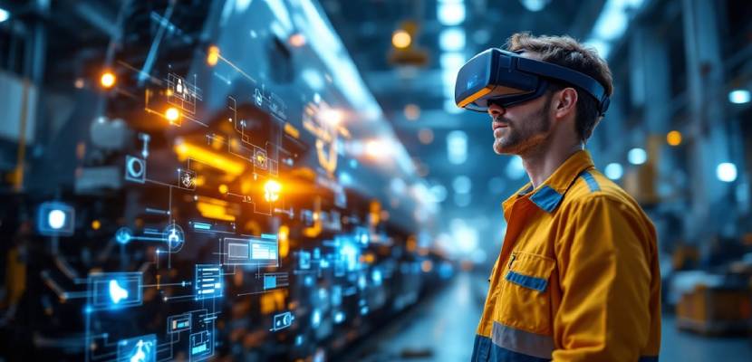 Image générée par IA montrant un homme en tenue de travail avec un casque de réalité virtuelle dans un environement industriel avec des éléments graphiques futuristes autours de lui.