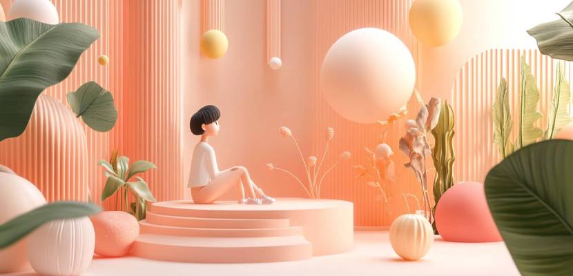 Illustration 3D d'une jeune femme assise avec des plantes et des éléments 3D autour d'elle dans un environement aux couleurs saumon.