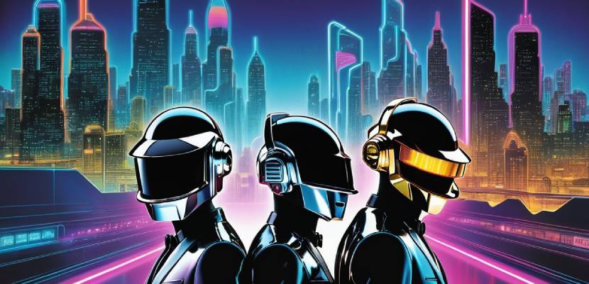 Illustration aux couleurs neon rappelant l'univers du groupe de musique Daft Punk et du film Tron.