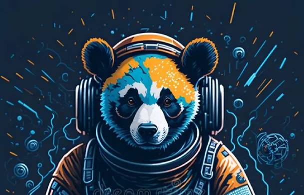 Image générée par IA montrant une illustration graphique d'un ours en tenue d'astronaute avec un casque audio sur les oreilles.